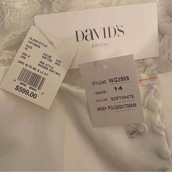 DAVID'S BRIDAL Sheer Back Crepe Wedding Dress with Lace Train - Picture 14 of 14